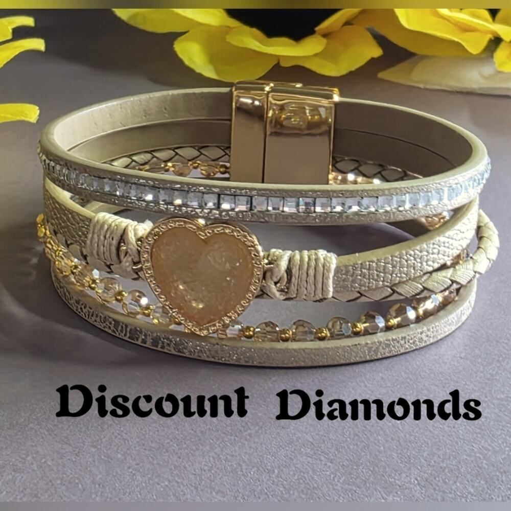 Elegant Gold and Beige Heart Cuff Bracelet